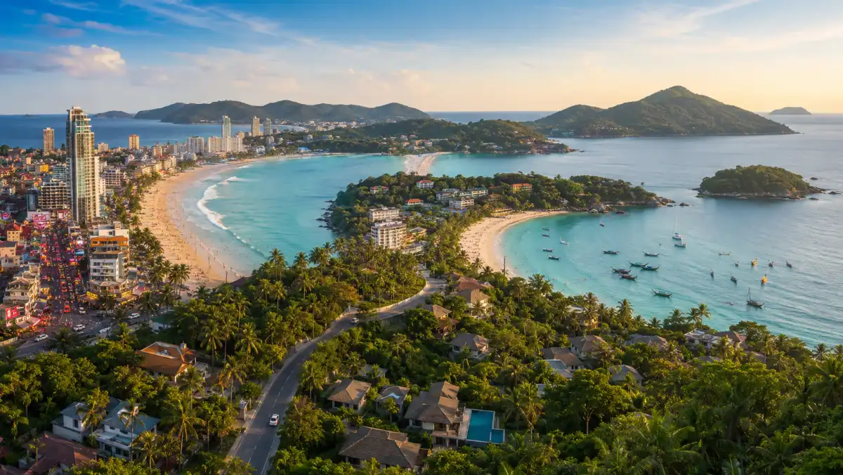 Panoramic view of Phuket's coastline with beaches and resort areas