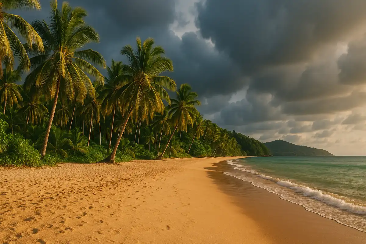 Phuket in low season: lush green nature, clouds and an empty beach