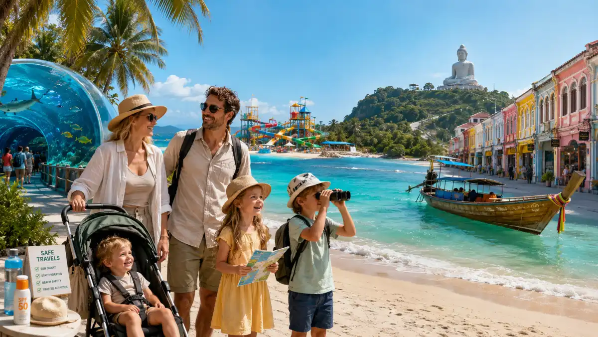 Family with kids on a Phuket beach with turquoise sea