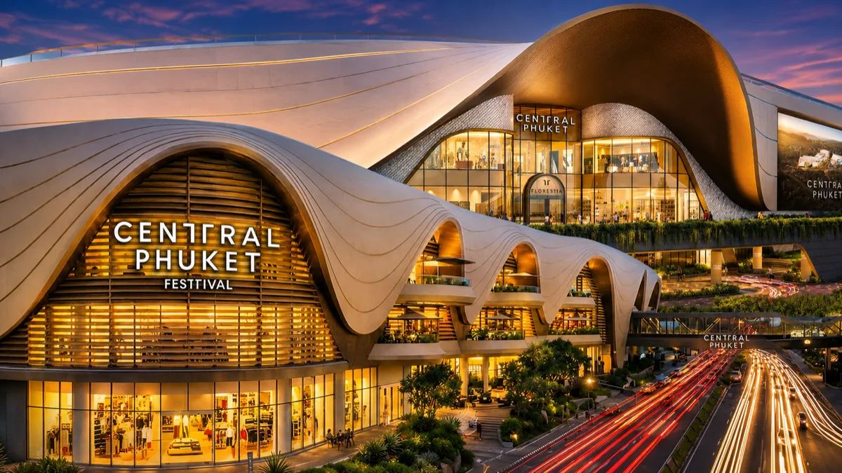 Shopping in Phuket: night market with colorful stalls and Central Phuket mall