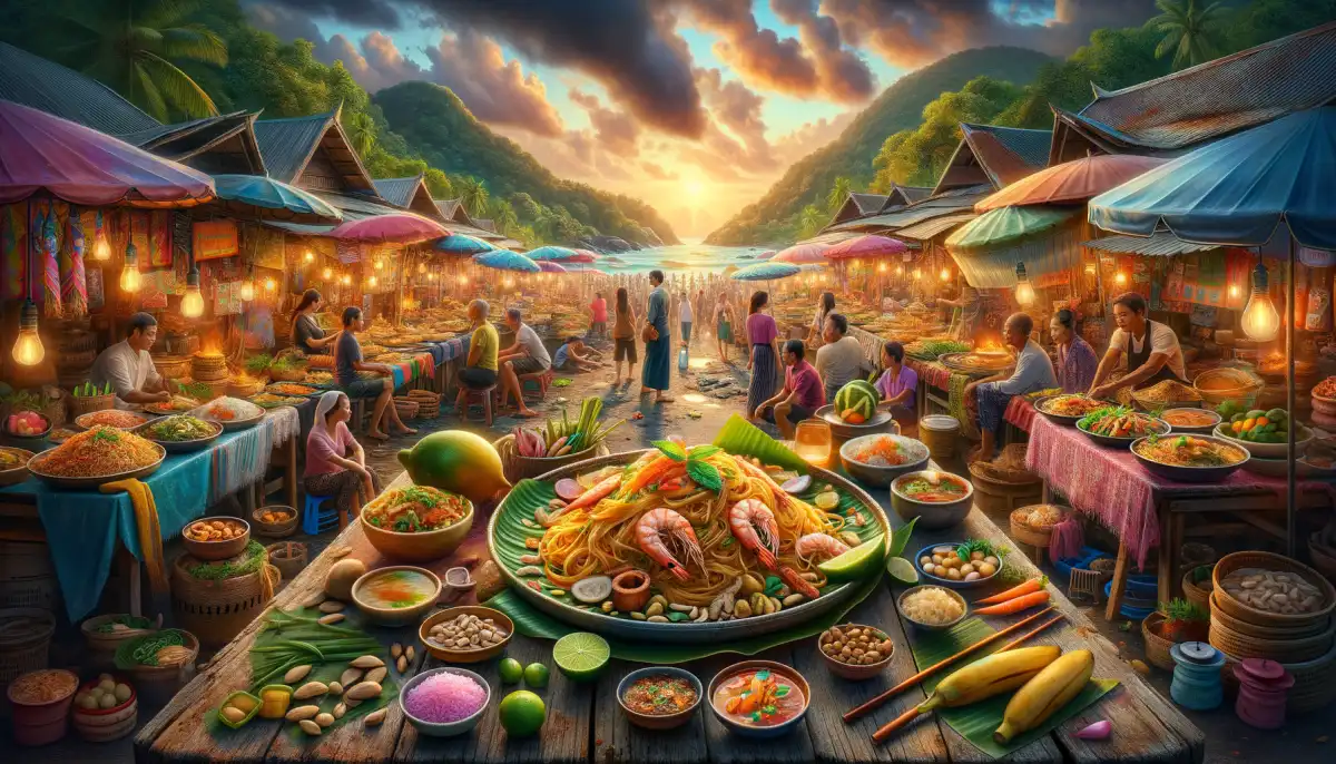 Assorted Thai dishes on a table: Tom Yum, Pad Thai, curry and seafood