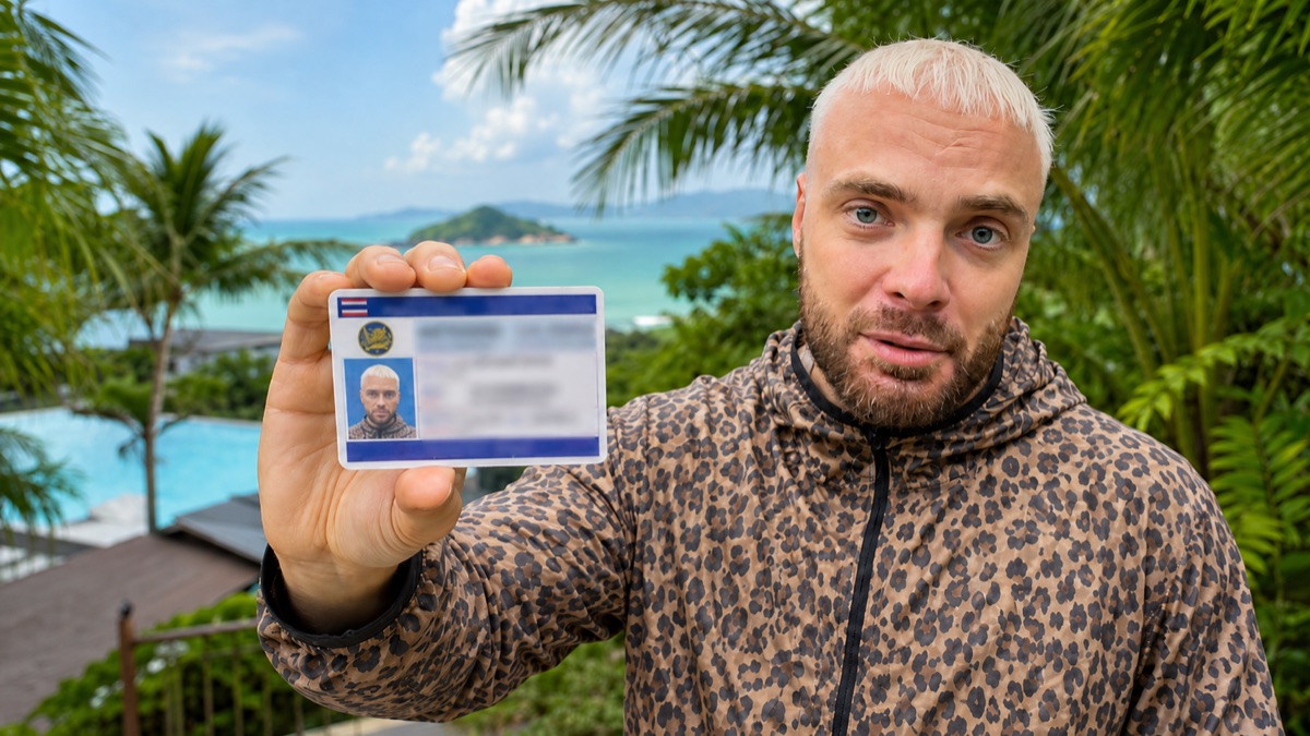 Thai driving license in Phuket — Vitaly showing the finished license card